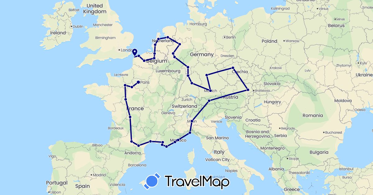 TravelMap itinerary: driving in Austria, Belgium, Czech Republic, Germany, France, Italy, Monaco, Netherlands (Europe)