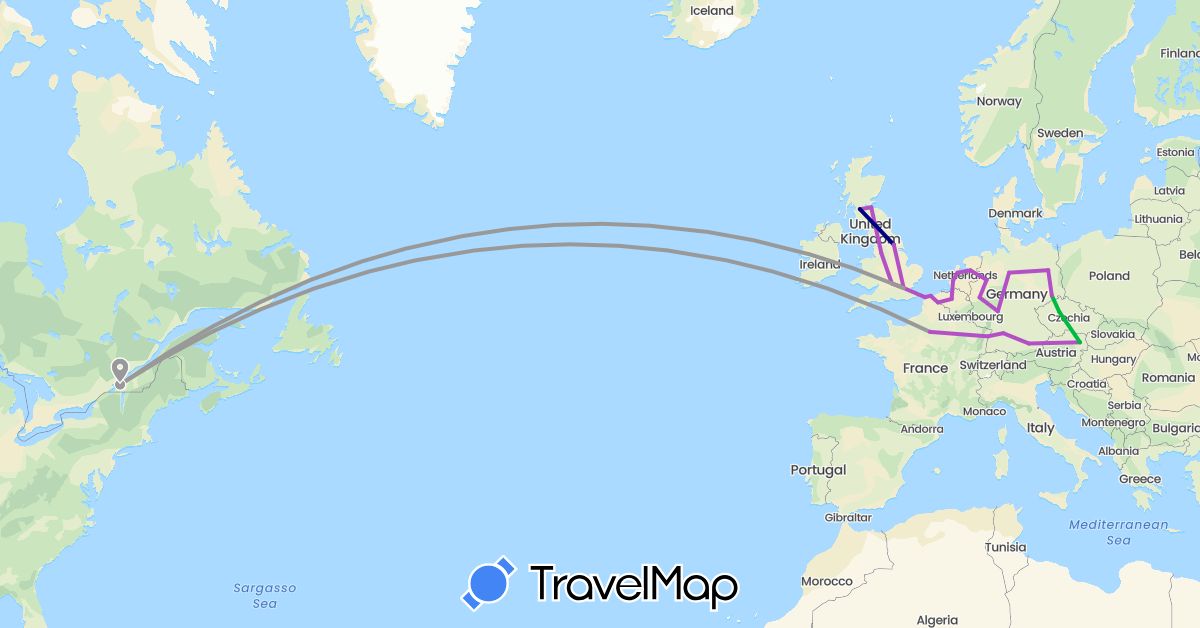 TravelMap itinerary: driving, bus, plane, train in Austria, Belgium, Canada, Czech Republic, Germany, France, United Kingdom, Netherlands (Europe, North America)
